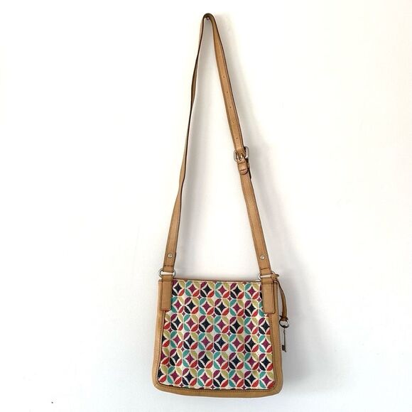 VTG Fossil Tan Leather Canvas Geometric Patterned Crossbody Bag Boho Retro NWOT - Picture 4 of 11